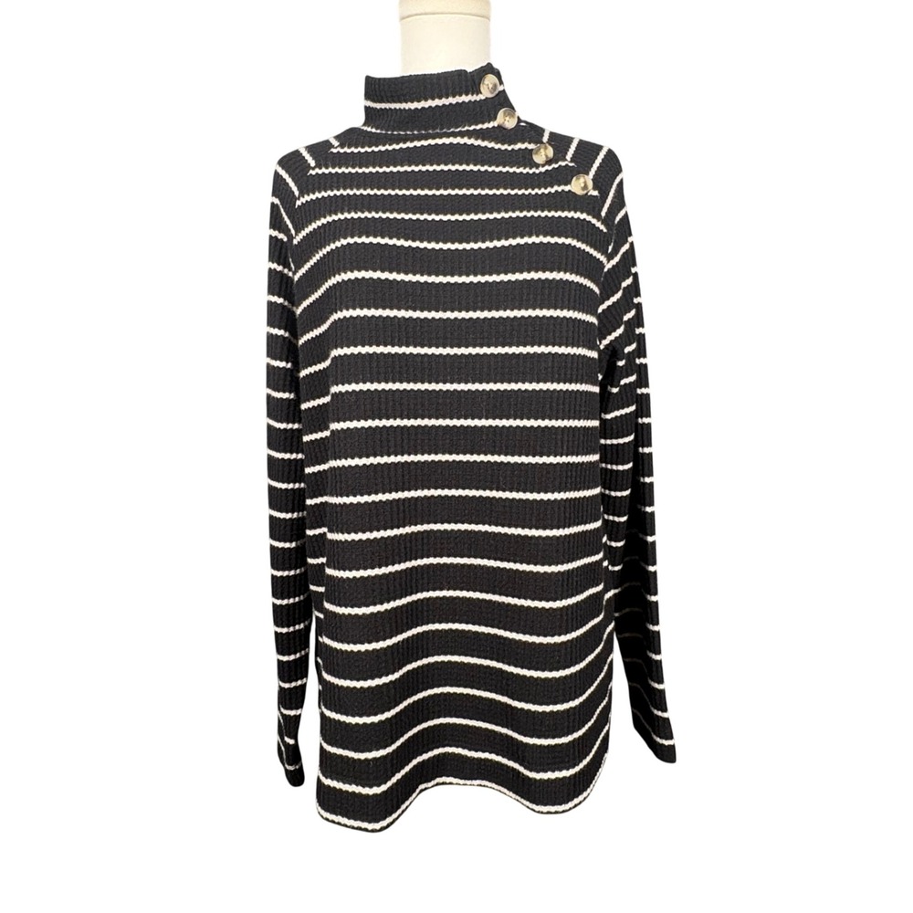 Loft Striped Mock Neck Button Shoulder Black White Sweater Womens Large